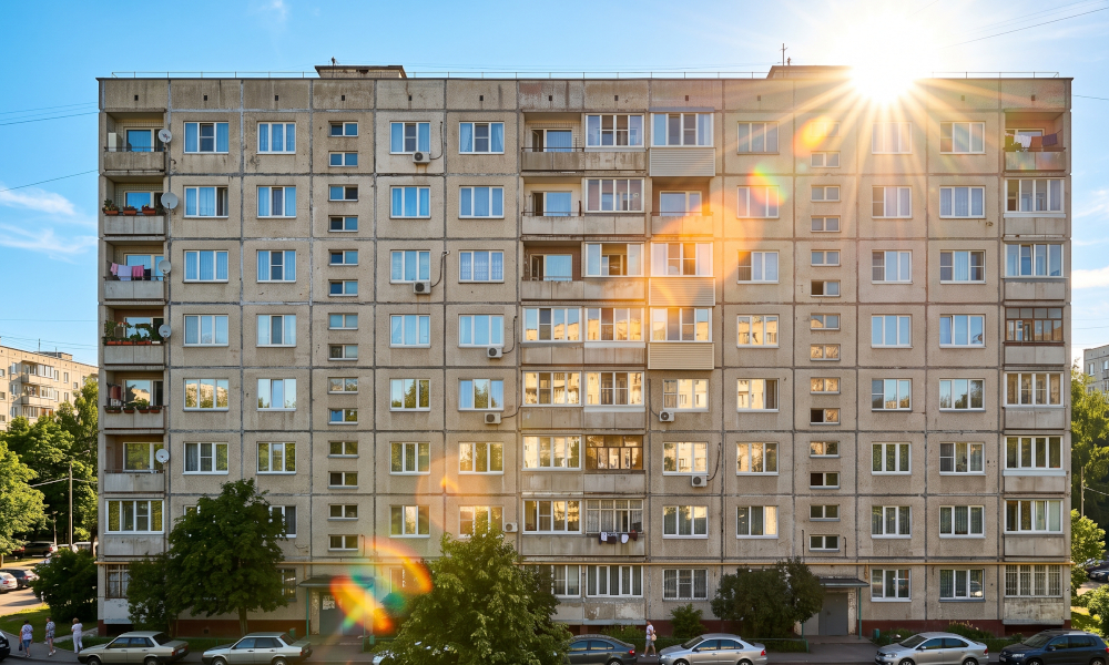 Фасад панельной девятиэтажки с отблесками яркого летнего солнца в окнах