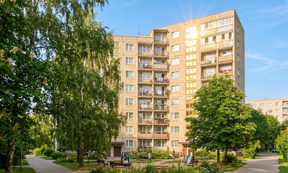 Окна панельного многоэтажного дома в Минске сквозь зеленую листву деревьев солнечным летом
